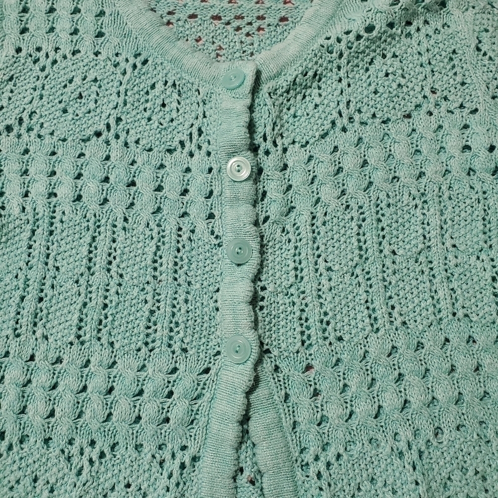 Vintage 1980s 80s Robin Egg Blue Knit Sweater Scalloped Hems - Picture 4 of 8
